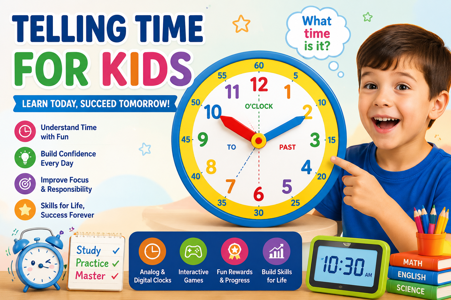 Learn Telling Time For Kids with interactive clock games, fun challenges, and educational activities