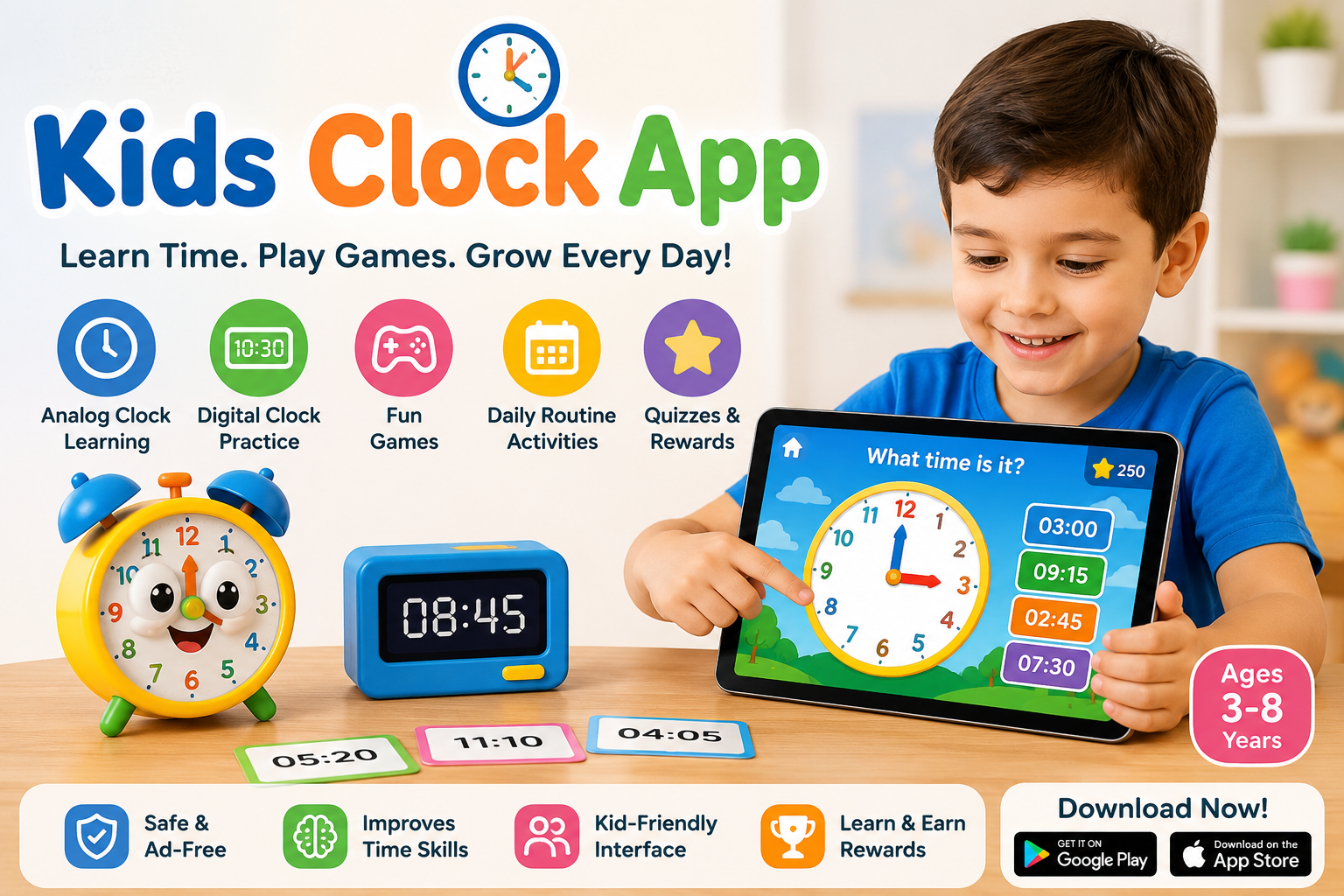 Interactive Kids Clock App for Early Learning SuccessEduGamingAppWorld's Kids Clock App tran